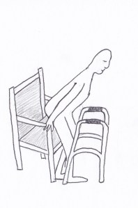 Diagram demonstrating safe way to perform sit to stand with  standard chair and walker / mobility aid.