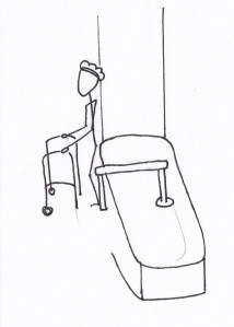 Diagram of how to get in to tub using tub transfer bench. Step one with safe use of front wheeled walker.