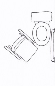 line drawing of orientation of wheelchair, toilet and grab bar for safe transfer as seen from above